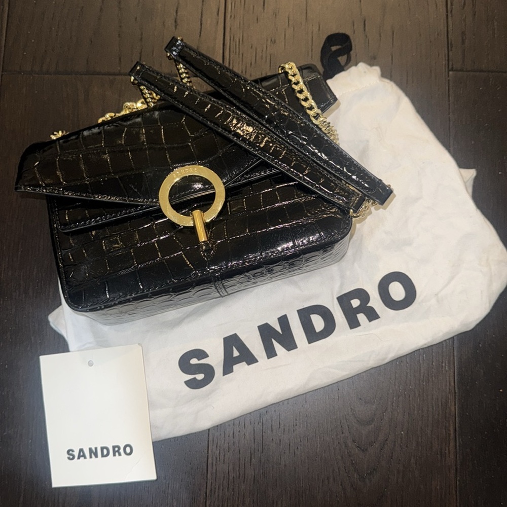 Sandro Black Croc-Embossed Crossbody with Gold Chain